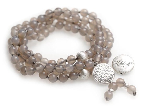 Mala-ketting van grijze agaat (met Levensbloem zilver) Armband (sieraad) YOGISTAR