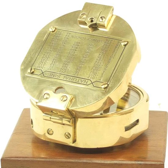 Kompas – nautisch – goudkleurig – houten kistje – 10,5 x 9,5 x 7 cm - Messing - spiegelkompas