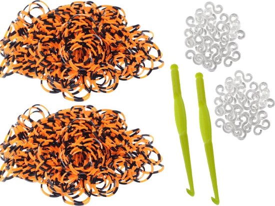 600 Loom Bands met 2 weefhaken en S-clips zwart & oranje