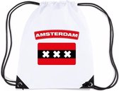Amsterdam nylon rijgkoord rugzak/ sporttas wit met Amsterdamse vlag