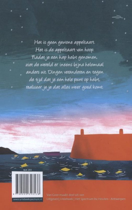 Achterkant van het boek met gedicht over hoop en een geïllustreerde haven met boten bij zonsondergang.