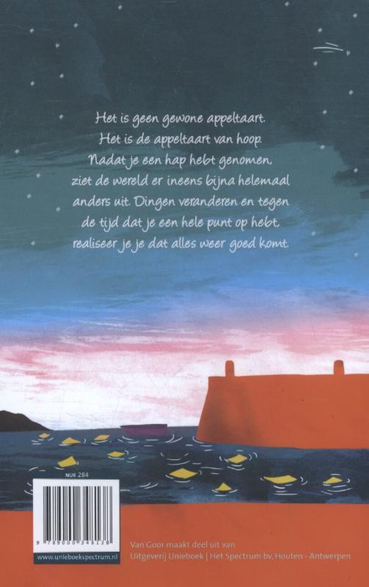 Achterkant van het boek met gedicht over hoop en een geïllustreerde haven met boten bij zonsondergang.
