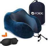 ForDig Premium Nekkussen Blauw Inclusief Slaapmasker & Oordopjes - Memory Foam Reiskussen - Ergonomisch Vliegtuig Reis Nek Kussen - Neksteun Reiskussentje Auto - Air Travel Pillow
