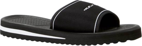 Mule Rucanor noire avec bordure blanche et logo sur la bande. La semelle est noire avec une rayure blanche.