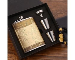 Gold RVS Heupfles Gift Set - Platvink - Zakflacon - Zakfles - Drankfles - Drankflacon Heupflesje - Incl. Trechter en Bekertjes Image