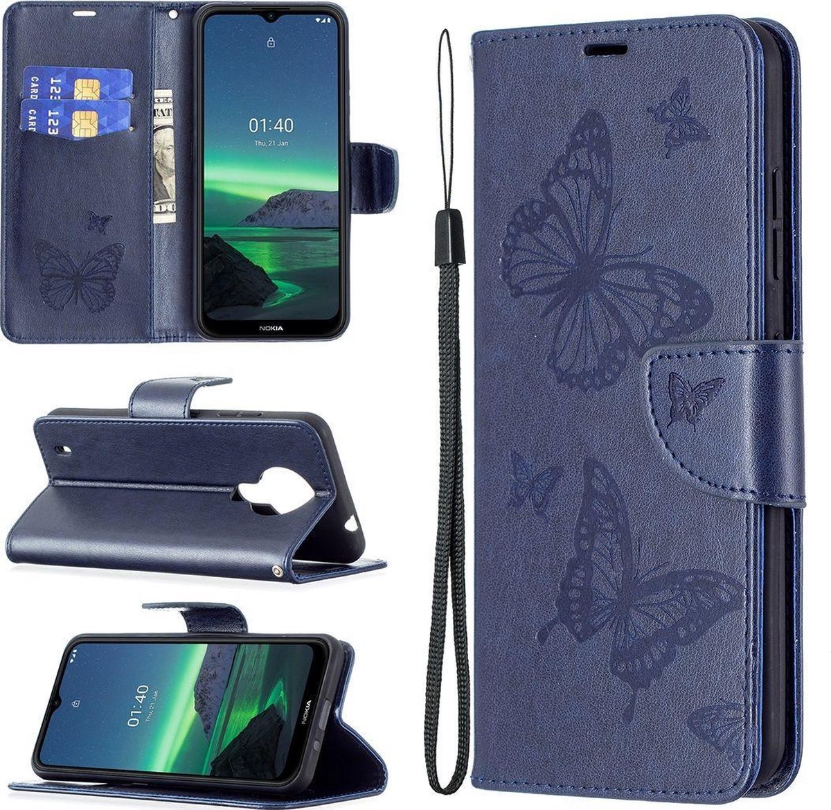 Mobigear Telefoonhoesje geschikt voor Nokia 1.4 Hoesje | Mobigear Butterfly Bookcase Portemonnee | Pasjeshouder voor 2 Pasjes | Telefoonhoesje voor Pinpas / OV Kaart / Rijbewijs - Blauw