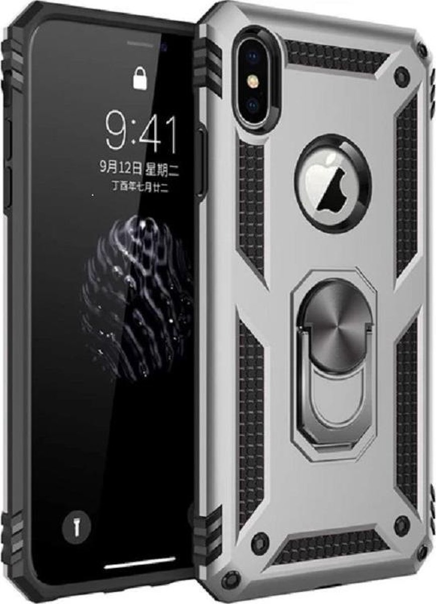 Stevige Magnetische Anti shock ring Geschikt voor Apple iPhone Xs max back cover case- schokbestendig-TPU met stand Zilver + gratis screenprotector
