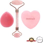 Demiracle® Face Roller & Gua Sha Love Bundle met Roze Siliconen Gezichtsborstel – Rose Quartz – Face Rollers – Gezichtsmassage – Massagetools – Massage - Ontspanning – Kwaliteit