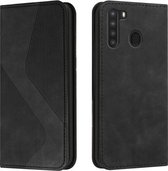Voor Samsung Galaxy A21 EU-versie Skin Feel Magnetisch S-type Effen Kleur Horizontale Flip Lederen Case met Houder & Kaartsleuf & Portemonnee (Zwart)