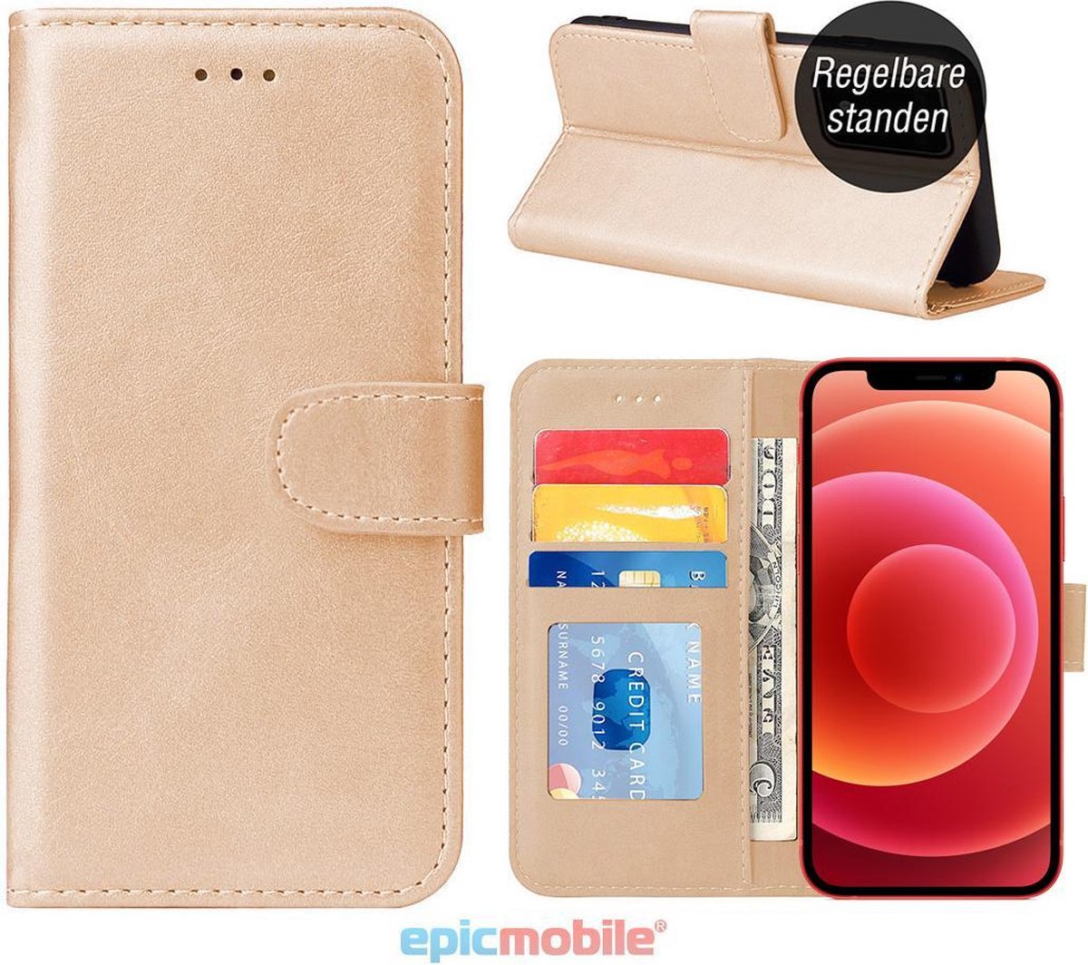 iPhone 12 Mini Book Case - Luxe portemonnee hoesje – iPhone 12 Mini hoesje wallet case - goud - EPICMOBILE