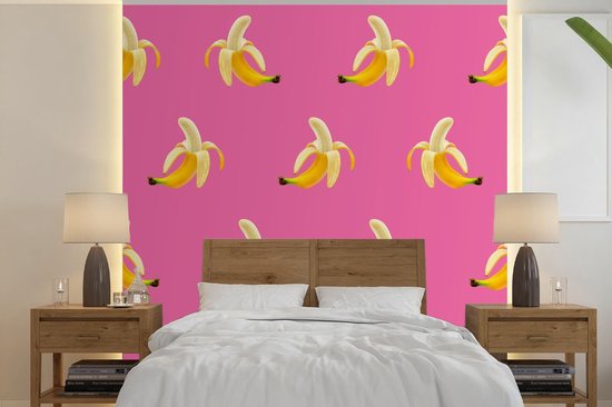 Behang - Fotobehang Banaan - Patroon - Roze - Breedte 350 cm x hoogte 350 cm