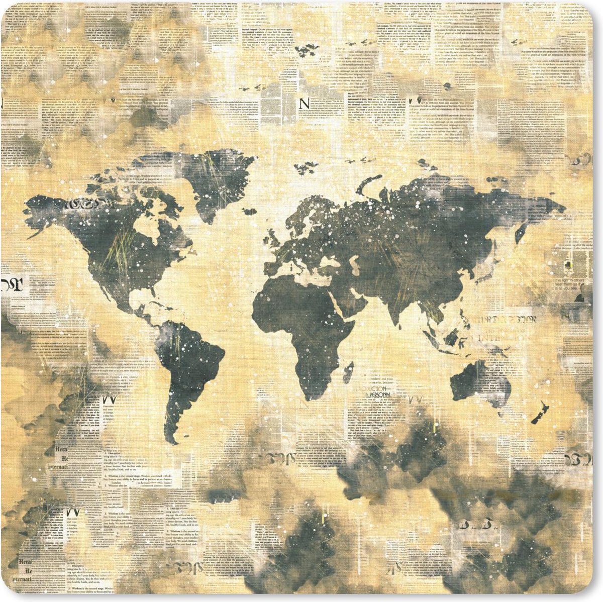 Muismat 30x30 cm - Mousepad Wereldkaart - Waterverf - Kranten - Muismatten