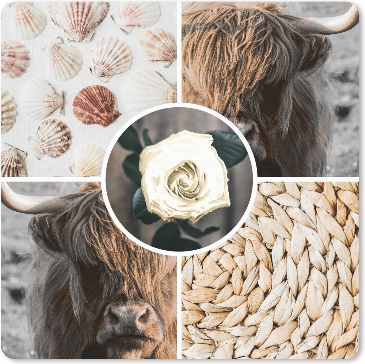 Muismat 20x20 cm - Mousepad Schotse Hooglander - Collage - Schelpen - Roos - Muismatten