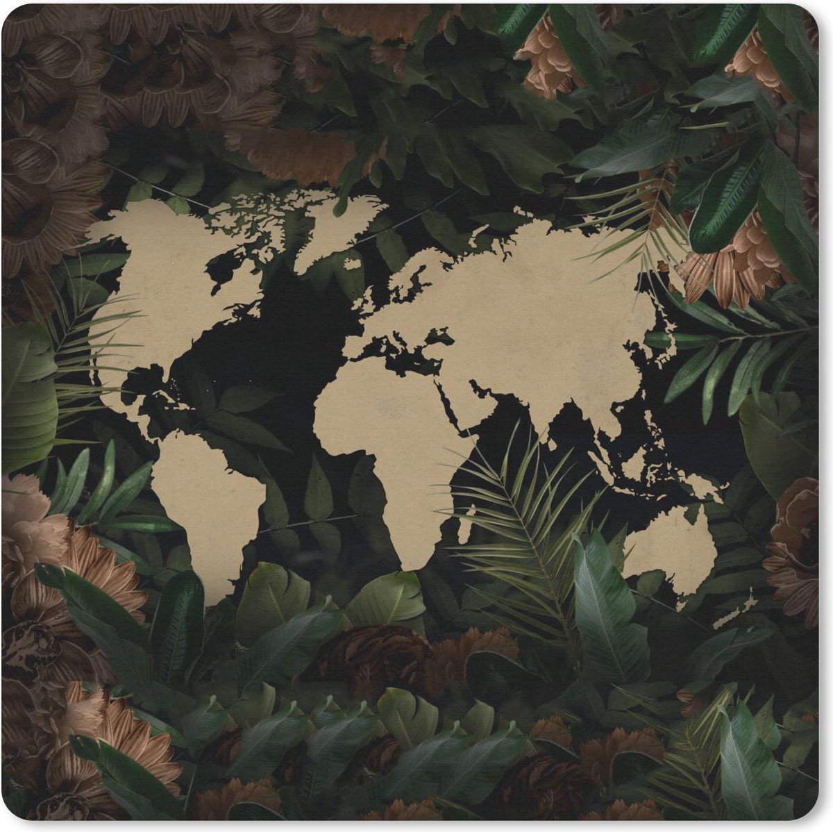 Muismat 20x20 cm - Mousepad Wereldkaart - Planten - Bloemen - Muismatten