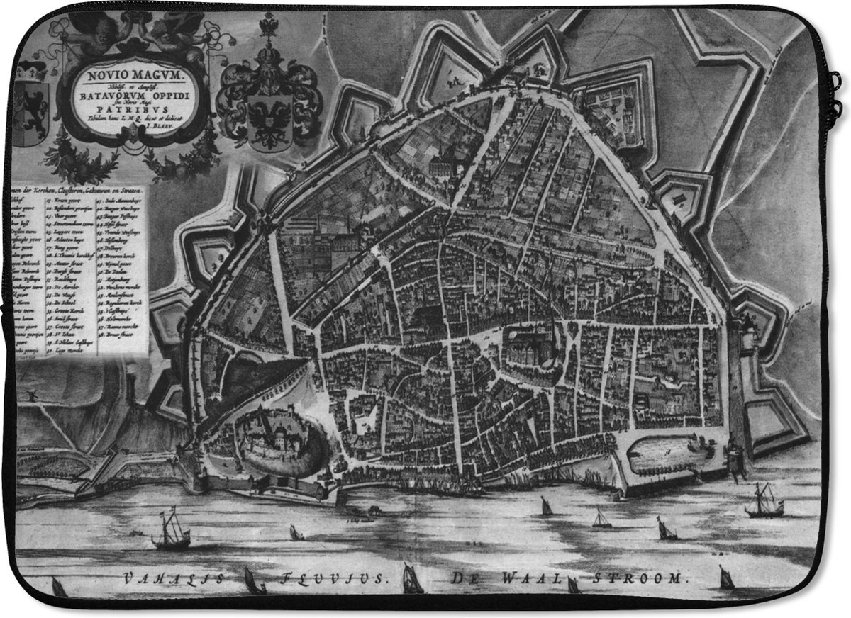 Laptophoes 13 inch - Plattegrond - Nijmegen - Historisch - Laptop sleeve - Binnenmaat 32x22,5 cm - Zwarte achterkant - Stadskaart