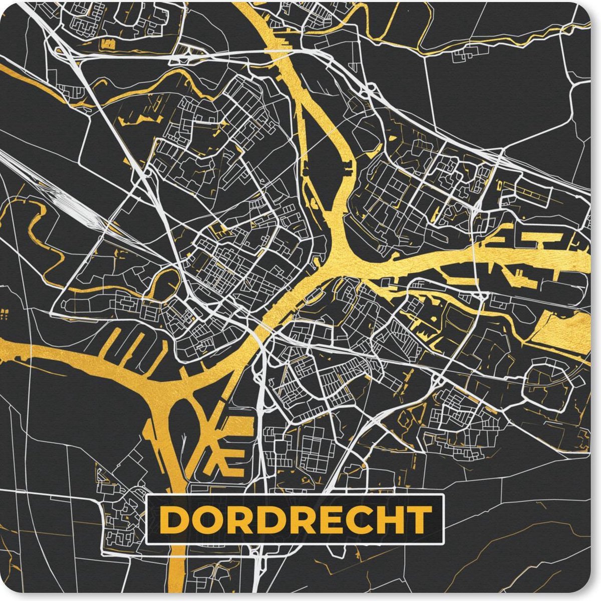 Muismat 30x30 cm - Mousepad Stadskaart - Dordrecht - Goud - Zwart - Muismatten