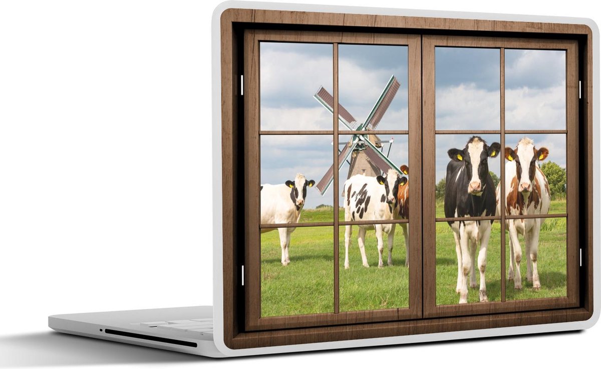 Laptop sticker - 11.6 inch - Doorkijk - Molen - Koe - 30x21cm - Laptopstickers - Laptop skin - Cover
