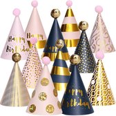 Fissaly 12 Stuks Happy Birthday Feesthoedjes Karton – Volwassen & Kinderen – Verjaardag Feest Papier Hoedjes – Goud, Roze & Zilver