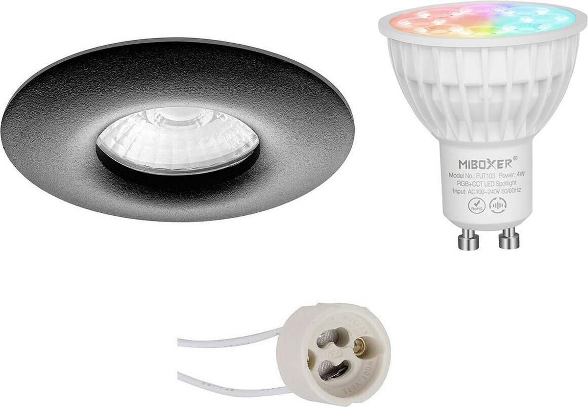 Mi-Light MiBoxer - LED Spot Set GU10 - Smart LED - Wifi LED - Slimme LED - 4W - RGB+CCT - Aanpasbare Kleur - Dimbaar - Proma Luno Pro - Waterdicht IP65 - Inbouw Rond - Mat Zwart - Ø82mm
