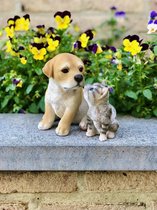 Labrador met Kitten Polyresin bruin/grijs 15,3 cm hoog - polyester - polystone - beeld - tuinbeeld - hoogkwalitatieve kunststof - decoratiefiguur - interieur - accessoire - voor bi