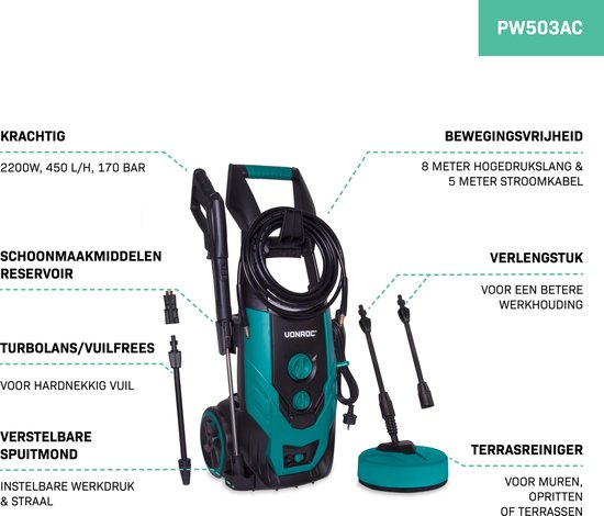Overzicht van de VONROC hogedrukreiniger PW503AC met specificaties: 2200W, 170 bar, 450 L/h, 8m slang, terrasreiniger, reinigingstank.