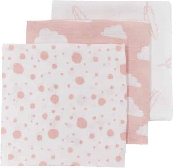 Meyco Clouds/Dots/Feathers hydrofiele doeken - 3-pack - pink - 70x70cm