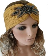 Trendy hoofdband haarband van acryl met broche kleur oker geel maat one size