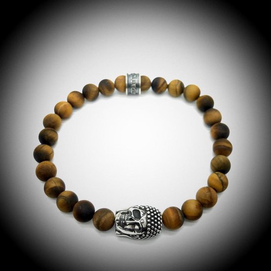 Natuursteen Armband met 925 Sterling Zilver Skull / Buddha / Boedha Bedel van 13 gram Zilver , Handgemaakte Edelsteen Armband met 8mm (Matte Bruine Tijgeroog) kralen .