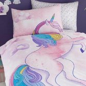 1-persoons meisjes / kinder dekbedovertrek lila / roze / paars met grote unicorn / eenhoorn / paard met haar (manen) in de kleuren van de regenboog 140 x 200 cm (cadeau idee!)