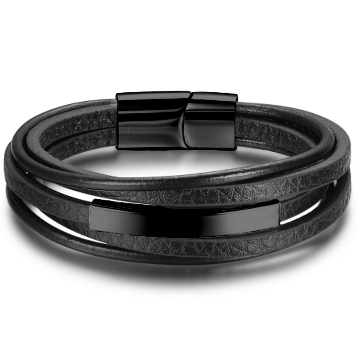 Victorious Leren Armband Heren – Zwarte Stroken Leer & Zwarte Elementen – Zwart – 19cm