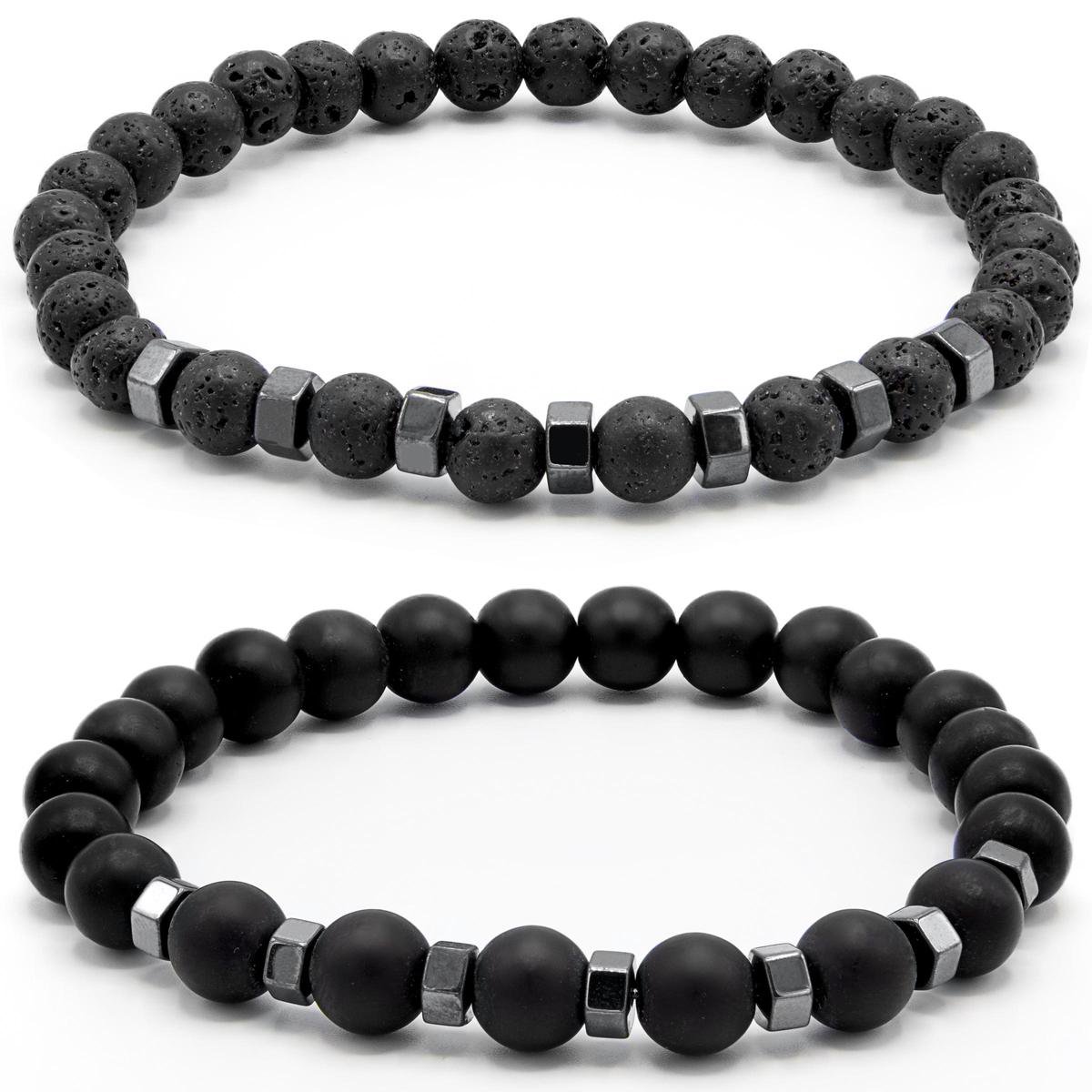 Victorious Set Natuurstenen Kralen Armbanden Heren – Lavasteen/Onyx – Zwart/Zilver – 17.5cm