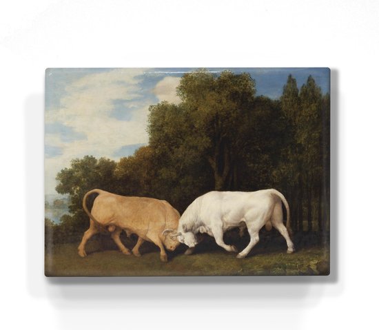 Schilderij - Vechtende stieren - George Stubbs - 26 x 19,5 cm - Niet van echt te onderscheiden handgelakt schilderijtje op hout - Mooier dan een print op canvas.