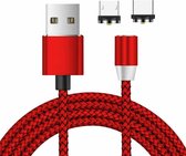 2 in 1 USB naar micro USB + USB-C / Type-C magnetische metalen connector Nylon tweekleurige gevlochten magnetische datakabel, kabellengte: 1 m (rood)