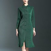 Slim Retro Cheongsam Miyake Drukvouw Jurk met lange mouwen (Kleur: Donkergroen Maat: One Size)-Groen