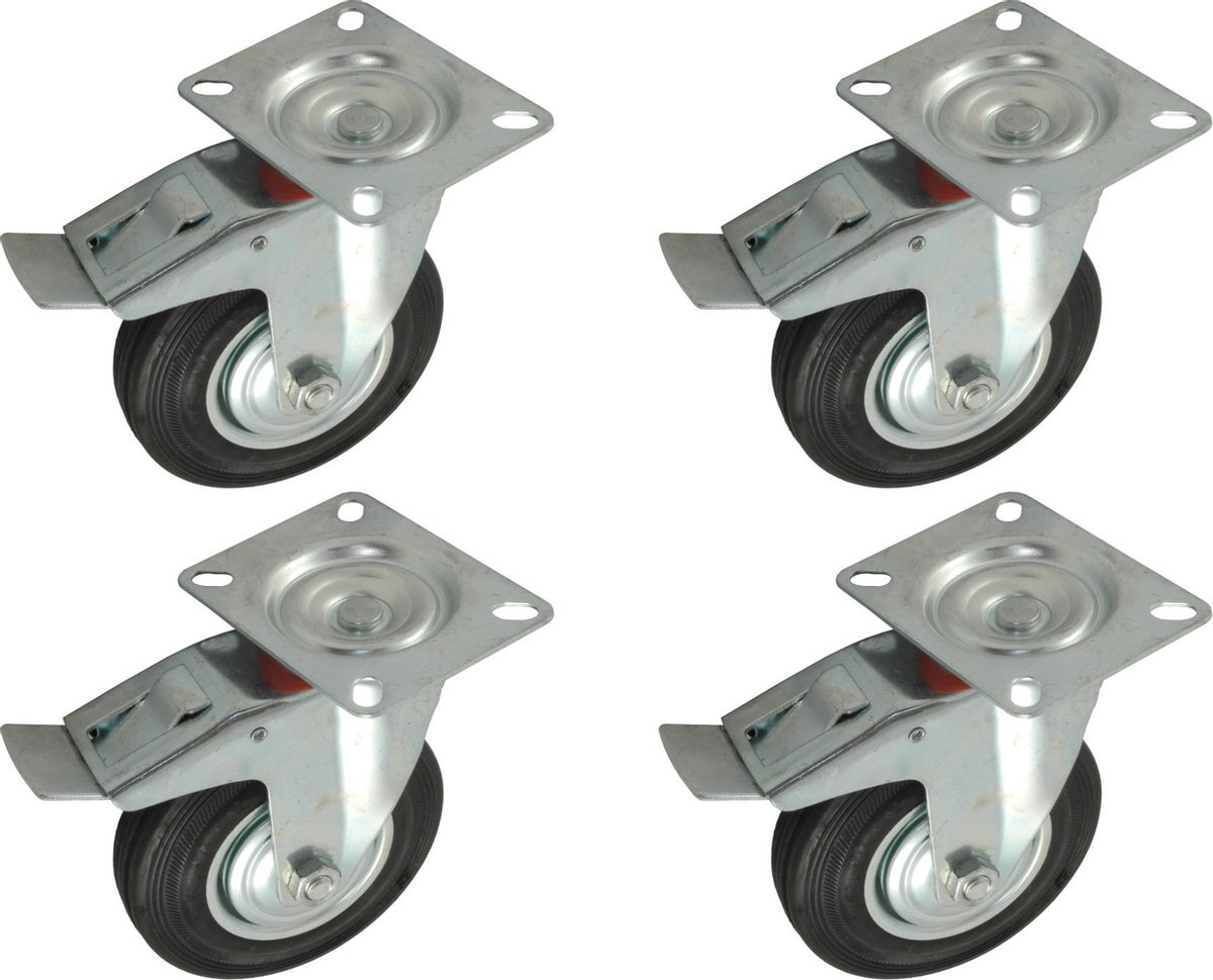 Set van 4 Zwenkwielen Transportwielen 125mm | met rem | 125-37.5/50 | Stalen Velg | Rubberen Band | Draagvermogen per wiel 100kg | Bevestigingsplaat 100x80mm | Bouwhoogte 155mm