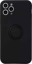 Voor iPhone 11 effen kleur vloeibare siliconen schokbestendige volledige dekking beschermhoes met ringhouder (zwart)