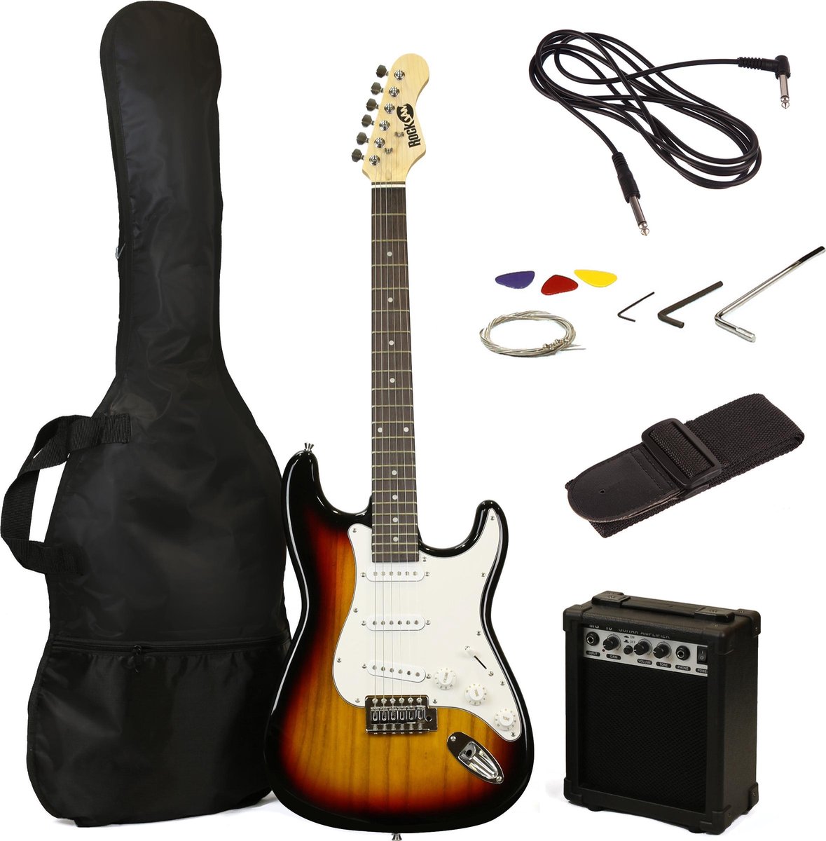 RockJam elektrische gitaarset met 10 watt versterker, riem, plectrums en lead - SunBurst