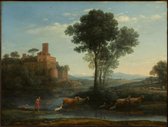 Kunst: Landscape with the Voyage of Jacob 1677 van Claude Lorrain. Schilderij op aluminium, formaat is 60x100 CM