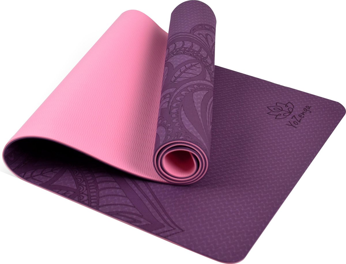 YoZenga Premium yoga mat | sportmat | Fitnessmat | extra dik| Mandala Purple/pink | TPE | inclusief draagriem