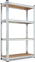 Een zilverkleurige metalen stellingkast met vier houten planken, staande op een witte achtergrond.