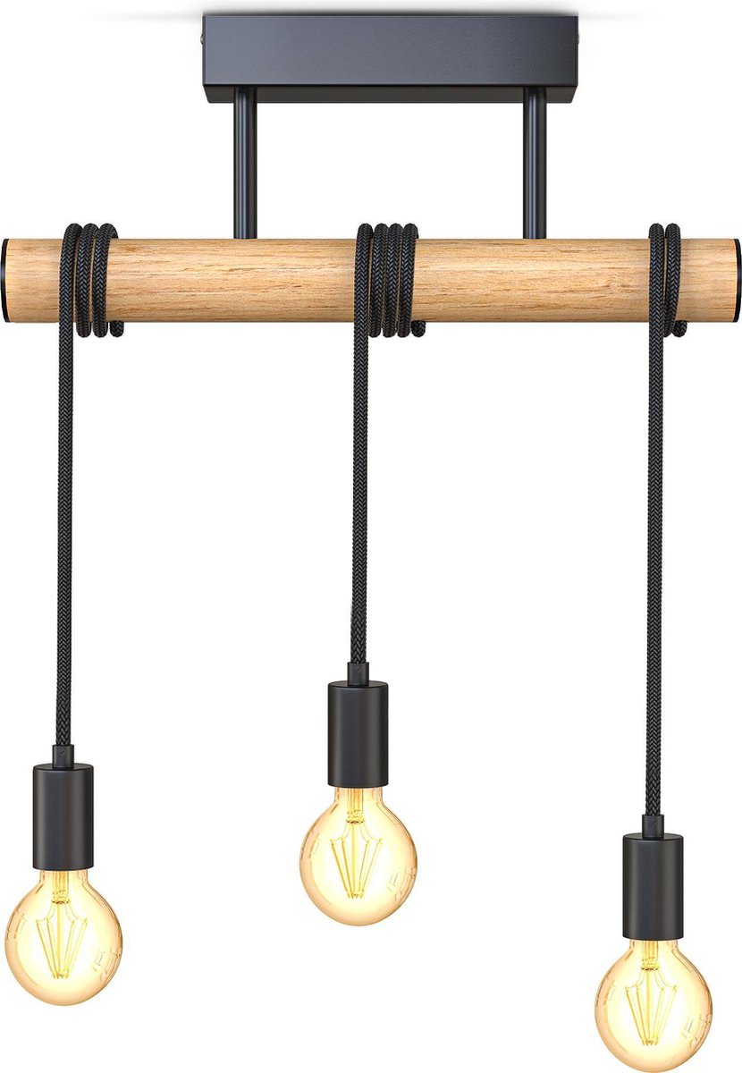 B.K.Licht - Landelijke Hanglamp - eetkamer - zwart - hout - industriële hanglampen - voor binnen - met 3 lichtpunten - pendellamp - in hoogte verstelbaar - E27 fitting - excl. lichtbronnen