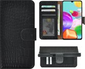Hoesje Geschikt voor Samsung Galaxy A41 - Bookcase - A41 Wallet Book Case Echt Leer Croco Zwart Cover