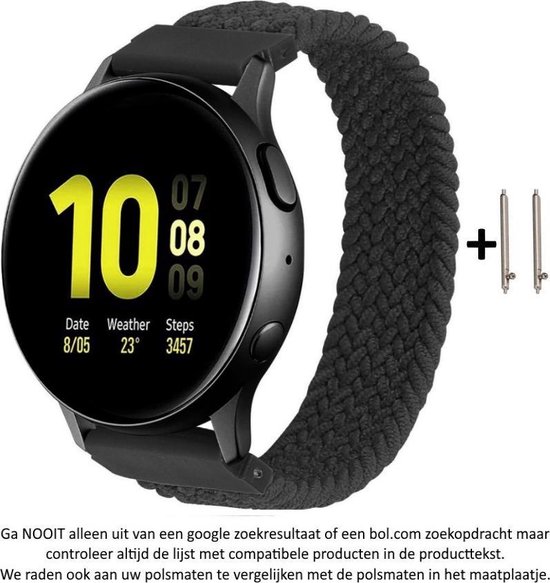 Zwart Elastisch Nylon Bandje voor bepaalde 20mm smartwatches van verschillende bekende merken (zie lijst met compatibele modellen in producttekst) - Maat: zie foto – 20 mm black elastic nylon