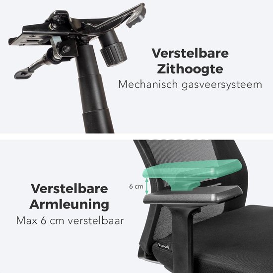 Detail van het mechanische gasveersysteem voor de zithoogteverstelling en de armleuning die tot 6 cm verstelbaar is.
