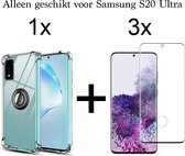Samsung Galaxy S20 Ultra hoesje Kickstand Ring shock proof case transparant magneet - Full Cover - 3x samsung s20 ultra screenprotector