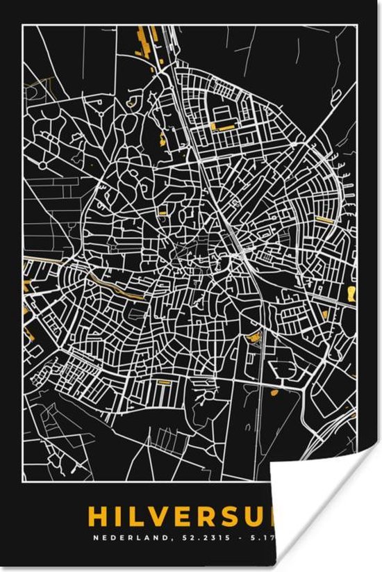 Poster Stadskaart - Hilversum - Goud - Zwart - 40x60 cm - Plattegrond