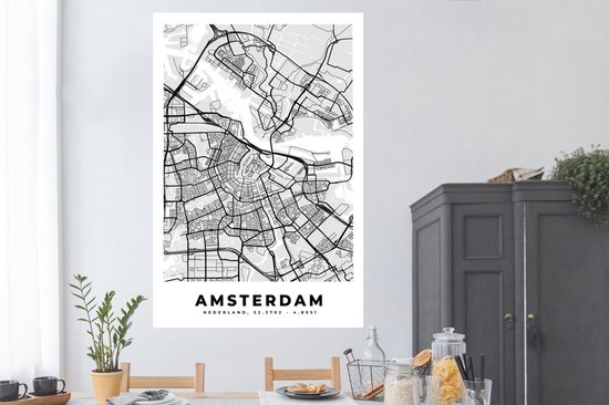 Poster Stadskaart - Amsterdam - Grijs - Wit - 120x180 cm XXL - Plattegrond