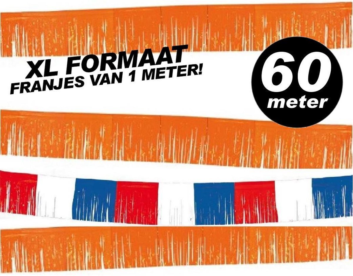WK VOETBAL 2026 Mega Formaat Franje Slingers - totale lengte 60 meter - XXL franjes oranje + rood - wit - blauw van 1 meter breed - voordeelpakket 60 meter Koningsdag