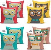 Zethome Schattig Katje - Kussenhoes Set - 43x43 cm - 4 Stuks - Kleding Stof - Sierkussenhoes - Kussenhoezen - Dubbelzijdig Bedrukt - Pillow Cover