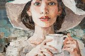 Schilderij vrouw met kopje koffie - gedrukt op geborsteld RVS - 80x60cm - wanddecoratie - Dibond wanddecoratie